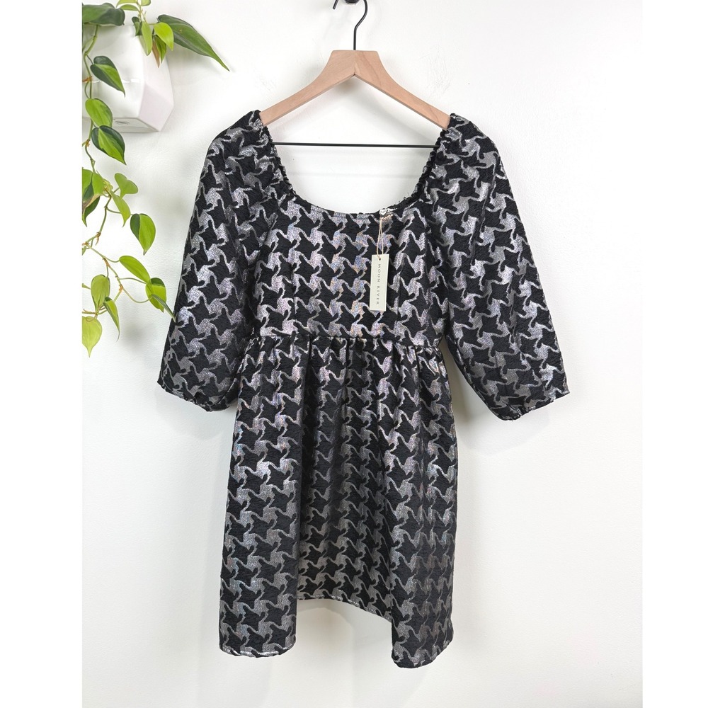 Moon River Houndstooth Jacquard Mini Dress Black Silver XS Coquette Whimsy Goth